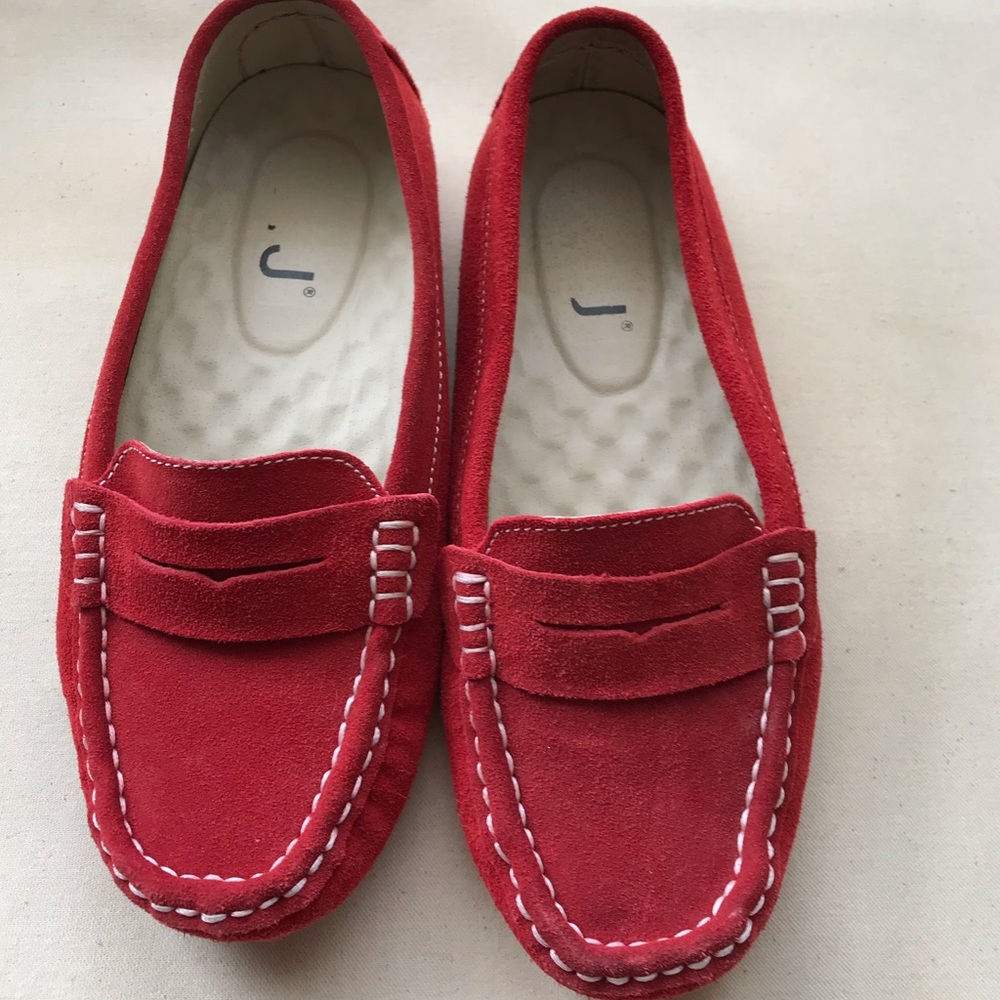Red leather suede driving moccasins size 6